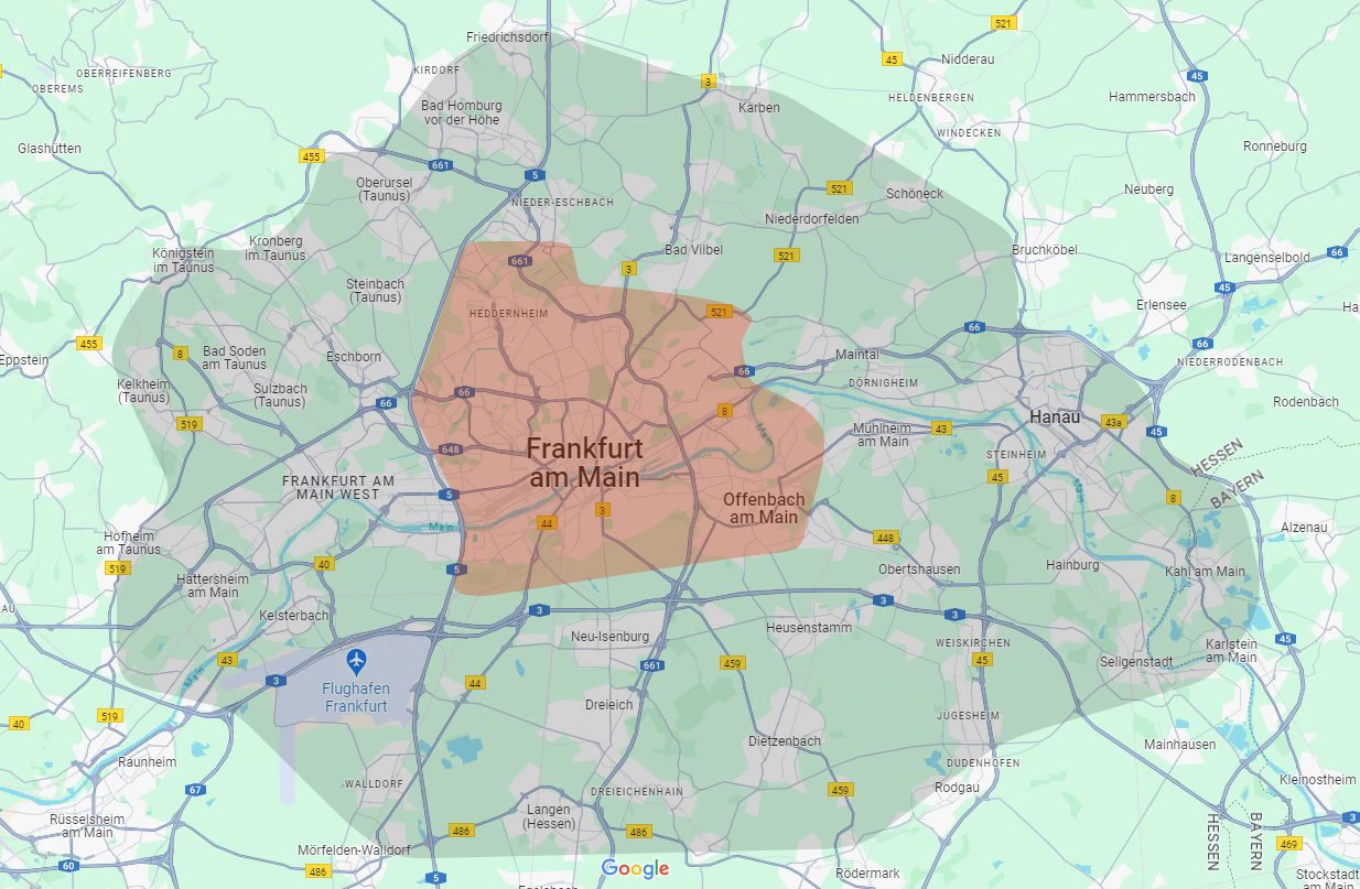 Liefergebiet FPS Lieferküche — rote Zone: Frankfurt & Offenbach Stadt, grüne Zone: Erweitertes Liefergebiet inkl. Hanau, Bad Homburg, Hofheim, Mörfelden-Walldorf, Dietzenbach